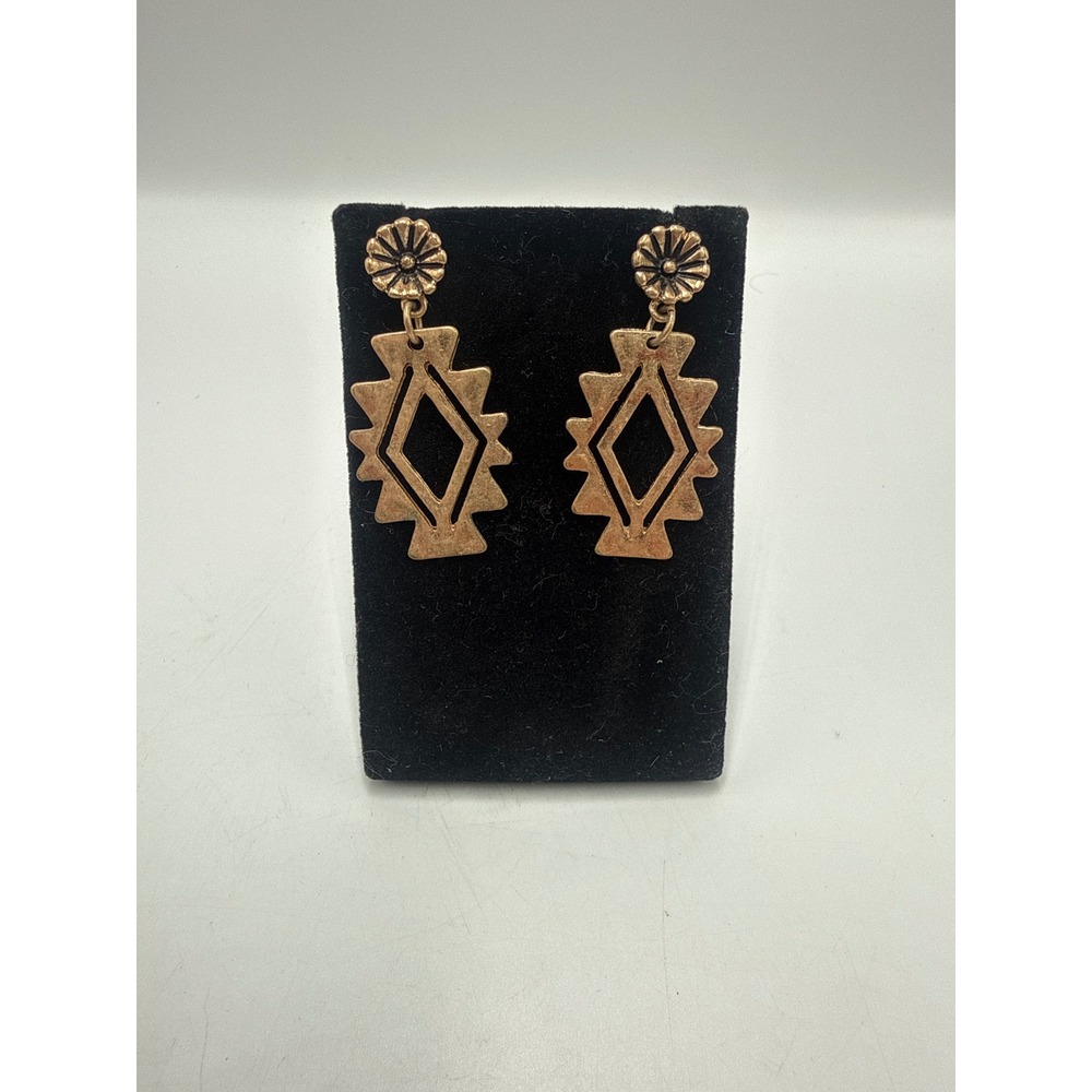 Vintage Gold Tone Southwestern Aztec Geometric Diamond Drop Dangle Earrings